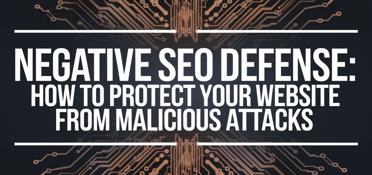 Blog banner titled 'Negative SEO Defense' with a digital shield and website icons.