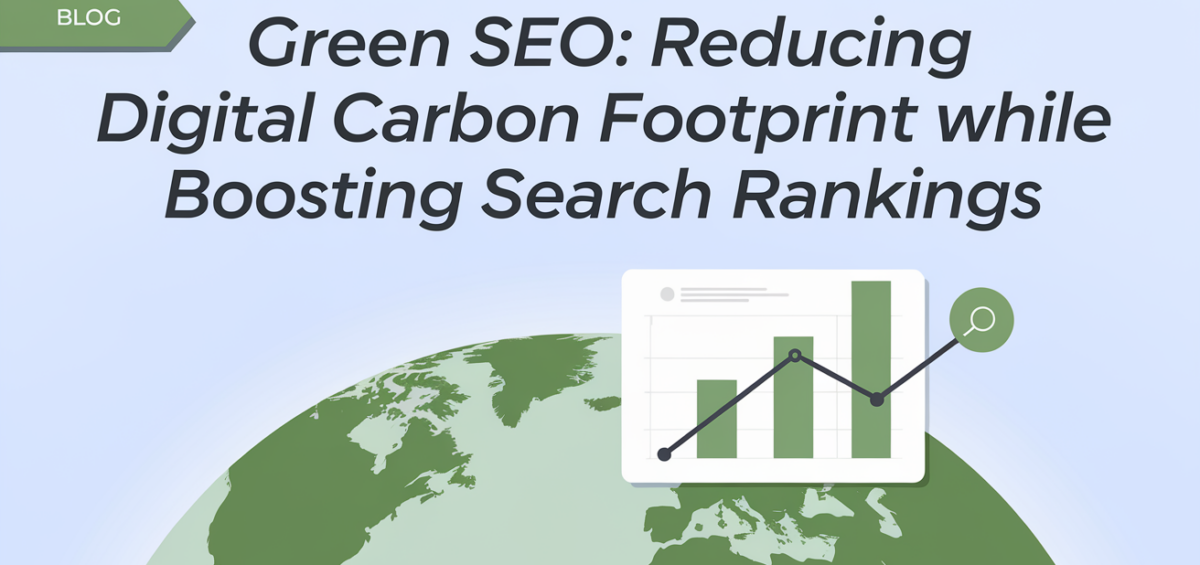 Blog banner with 'Green SEO' title, eco-friendly theme, digital elements.
