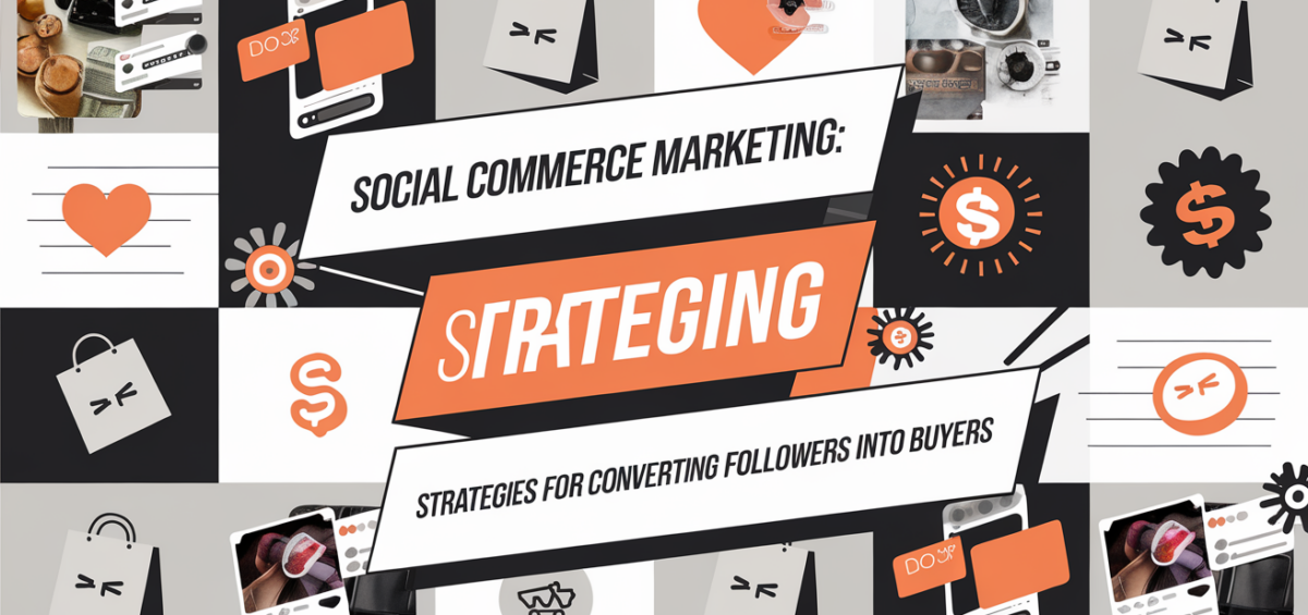Blog banner with 'Social Commerce Marketing: Strategies for Converting Followers into Buyers' text, featuring a shopping cart icon and social media logos on a vibrant background.