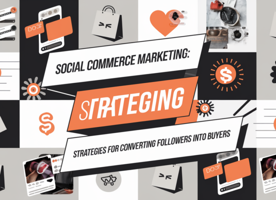Blog banner with 'Social Commerce Marketing: Strategies for Converting Followers into Buyers' text, featuring a shopping cart icon and social media logos on a vibrant background.