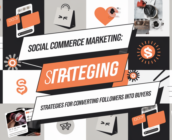 Blog banner with 'Social Commerce Marketing: Strategies for Converting Followers into Buyers' text, featuring a shopping cart icon and social media logos on a vibrant background.
