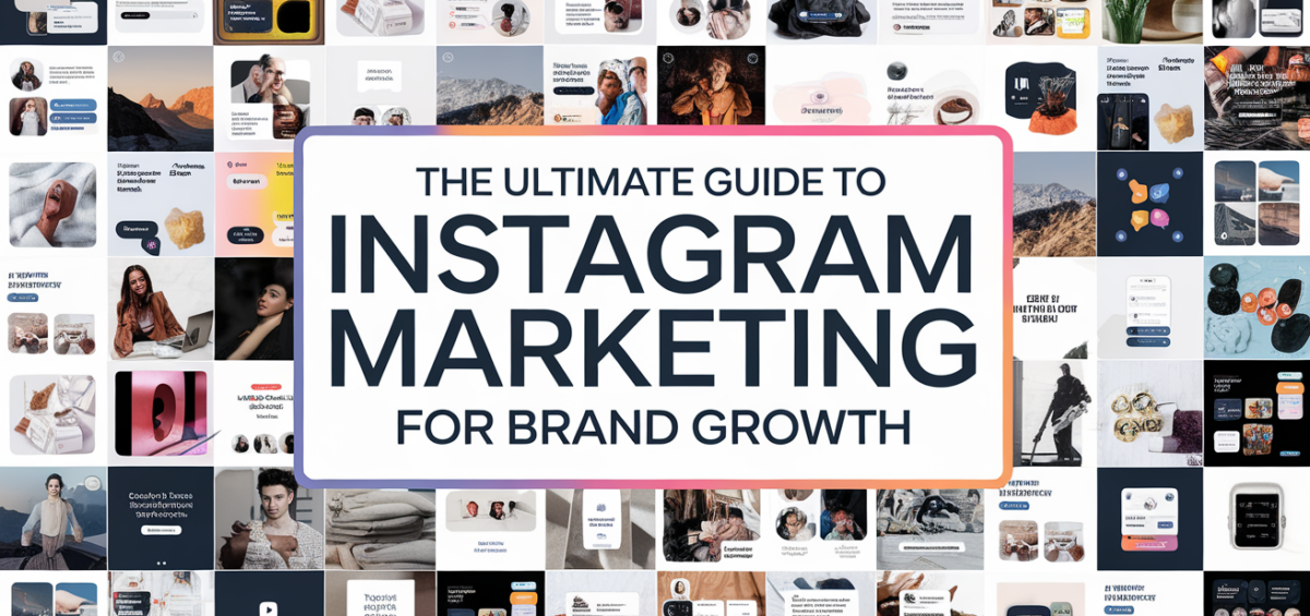 Blog banner with 'The Ultimate Guide to Instagram Marketing for Brand Growth' text, featuring Instagram icons.