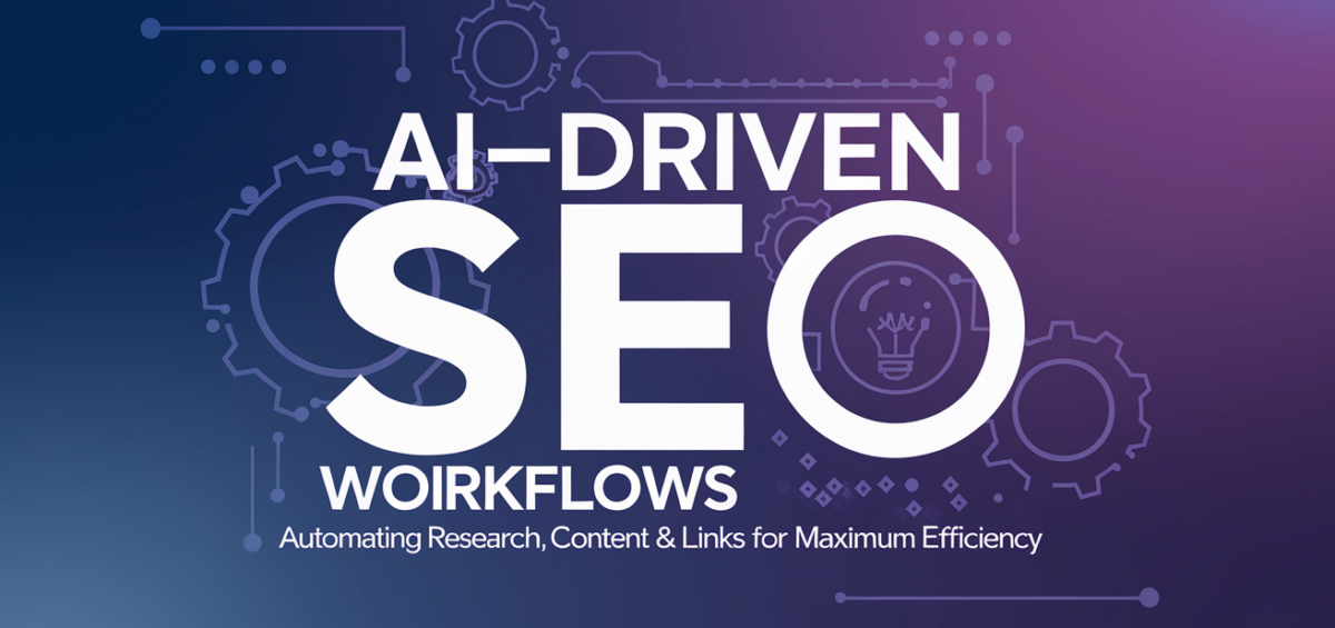 Blog banner with title 'AI-Driven SEO Workflows' in bold, tech-inspired font.
