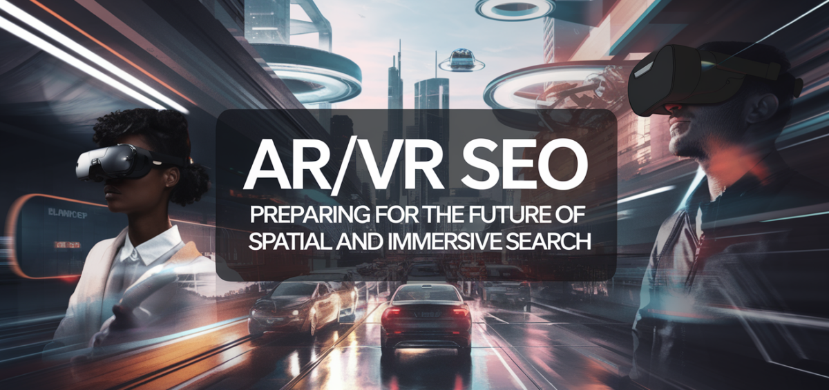 Blog banner with title 'AR/VR SEO: Preparing For The Future Of Spatial And Immersive Search' in bold text.