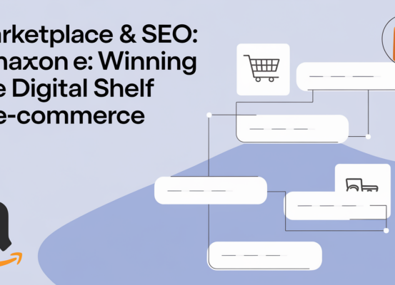 Blog banner with title 'Marketplace & Amazon SEO: Winning the Digital Shelf in E-Commerce' on a digital-themed background.