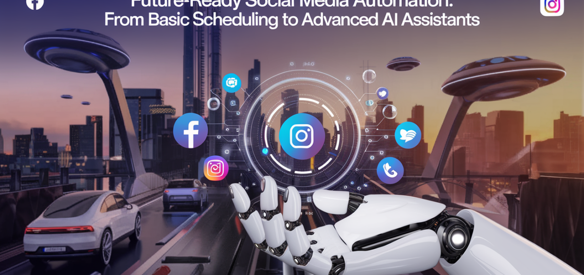 Banner titled 'Future-Ready Social Media Automation' with digital icons and AI elements.