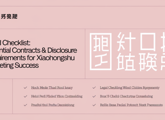 Banner with 'Legal Checklist: Essential Contracts & Disclosure Requirements for Xiaohongshu Marketing Success' in bold text, featuring a minimalist design with legal symbols and a digital marketing theme.
