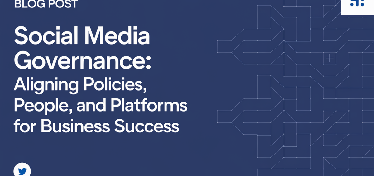 Banner with 'Social Media Governance' title, depicting aligned policies, people, and platforms.