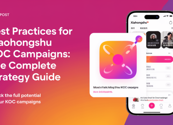 Banner with title 'Best Practices for Xiaohongshu KOC Campaigns: The Complete Strategy Guide' on a vibrant, tech-themed background.