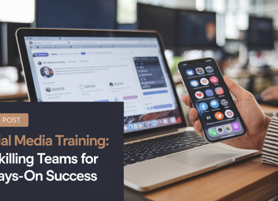 Blog banner with 'Social Media Training: Upskilling Teams for Always-On Success' in bold letters on a digital-themed background.