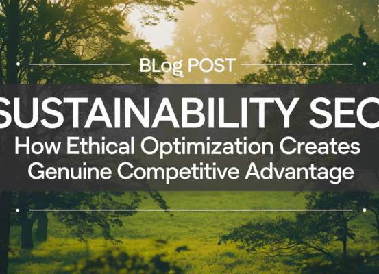Blog banner with 'Sustainability SEO' title, green earth and digital elements