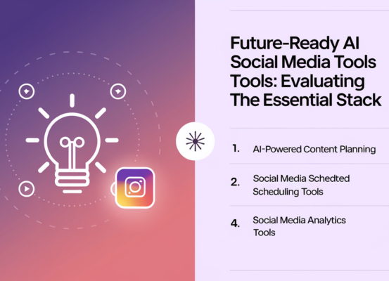 Blog banner with the title 'Future-Ready AI Social Media Tools: Evaluating the Essential Stack' on a futuristic tech background.