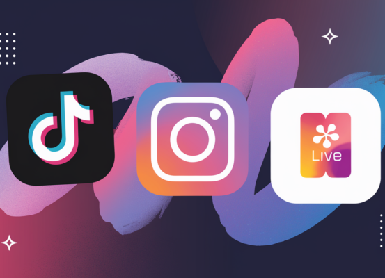 Colorful banner with TikTok, Instagram, Shopee Live logos and e-commerce symbols