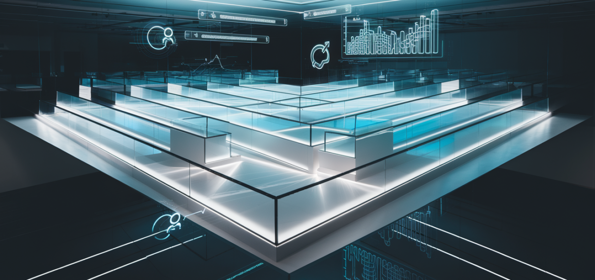 Corporate glass maze with ramps, holographic analytics, blue-white glow, and Asian design.