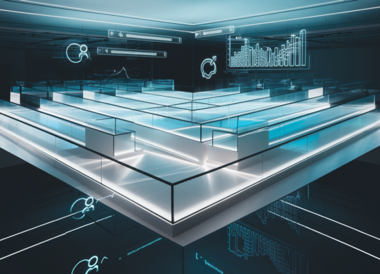 Corporate glass maze with ramps, holographic analytics, blue-white glow, and Asian design.