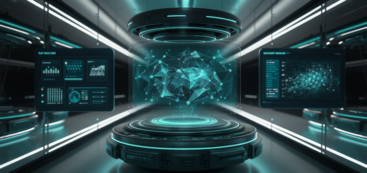 Futuristic command center with holographic displays, sleek design, and ambient blue lighting.