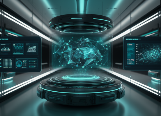 Futuristic command center with holographic displays, sleek design, and ambient blue lighting.