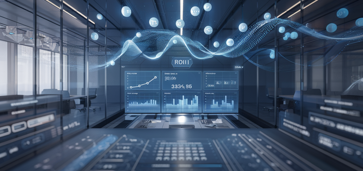 Modern office with data visualization wall, holographic icons, ROI metrics on dashboard.