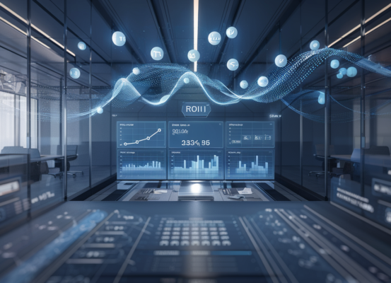 Modern office with data visualization wall, holographic icons, ROI metrics on dashboard.