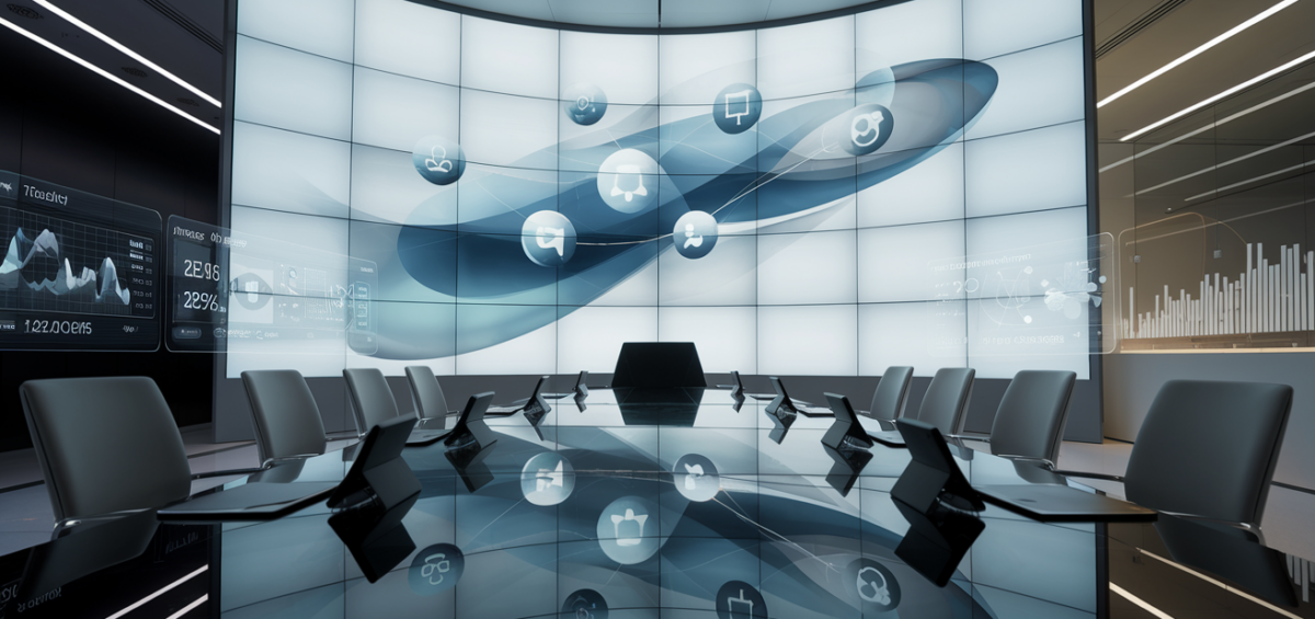 Modern office with digital wall, smart devices, and holographic analytics.