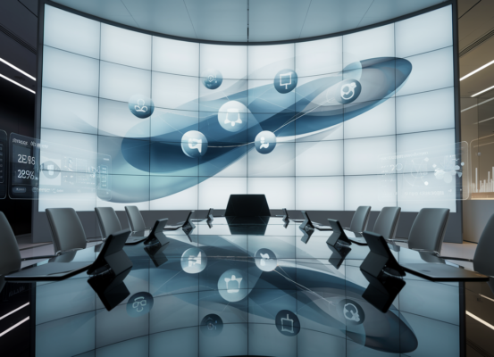 Modern office with digital wall, smart devices, and holographic analytics.