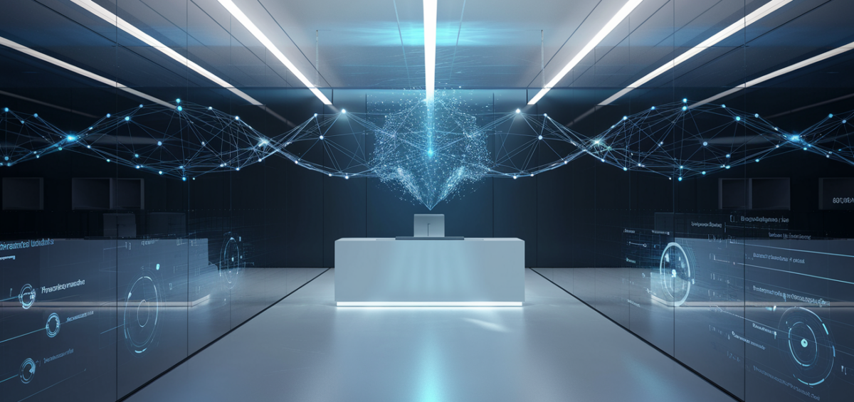 Modern office with holographic neural network and data visualizations.