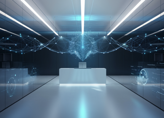 Modern office with holographic neural network and data visualizations.