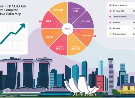 Banner reading 'Landing Your First SEO Job in Singapore' with city skyline background.