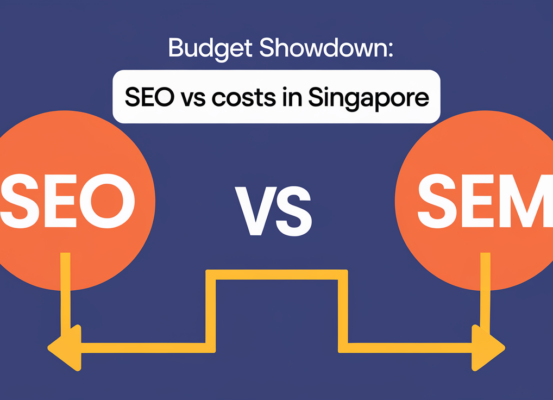 Banner titled 'Budget Showdown: SEO vs SEM Costs in Singapore' with a dynamic cityscape background.