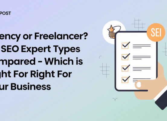Banner with 'Agency or Freelancer? SG SEO Expert Types Compared' title, business theme