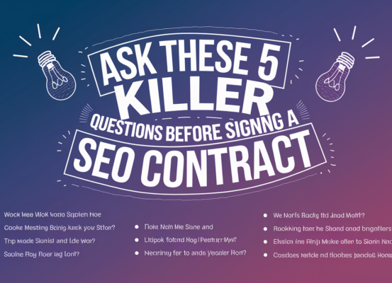 Banner with 'Ask These 5 Killer Questions Before Signing a SG SEO Contract' in bold font.