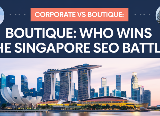 Banner with 'Corporate vs Boutique: Who Wins the Singapore SEO Battle?' title, modern design