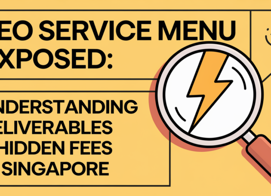 Banner with 'SEO Service Menu Exposed' title, vibrant colors, digital theme