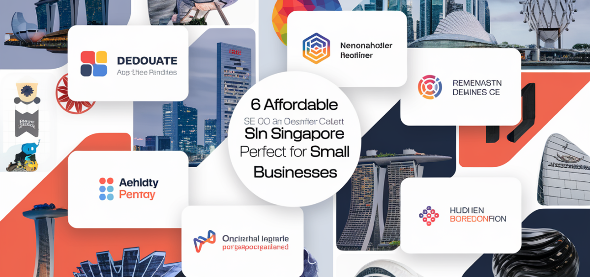 Banner with title '6 Affordable SEO Agencies in Singapore Perfect for Small Businesses' in modern font.