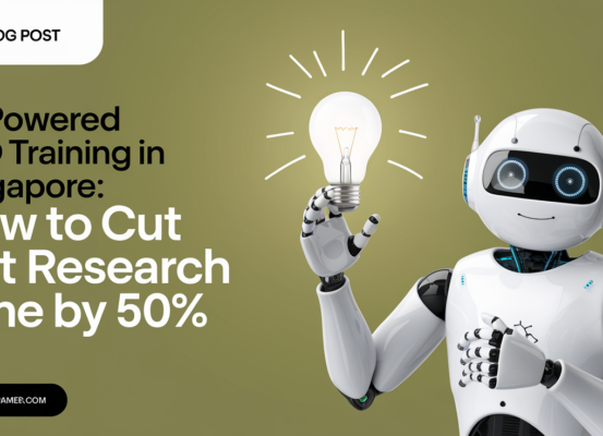 Banner with title 'AI-Powered SEO Training in Singapore: How to Cut Research Time by 50%'
