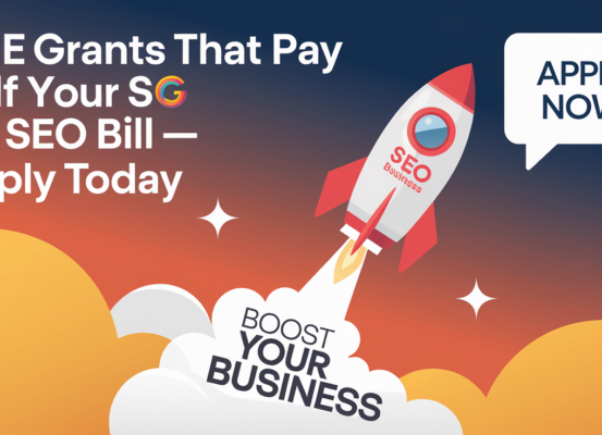 Banner with title 'SME Grants That Pay Half Your SG SEO Bill—Apply Today' on a vibrant background