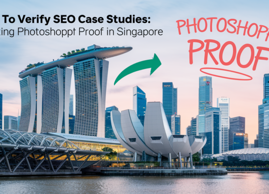 Blog banner titled 'How to Verify SEO Case Studies' with Singapore skyline in background.