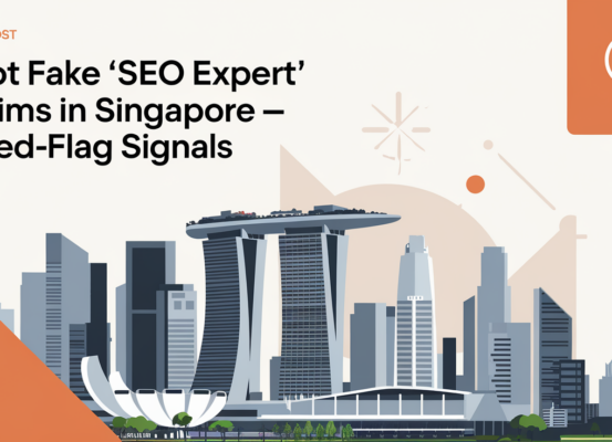 Blog banner titled 'Spot Fake SEO Expert Claims in Singapore—8 Red-Flag Signals' with modern design