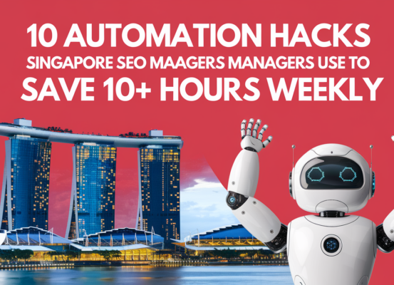 Blog banner with '10 Automation Hacks Singapore SEO Managers Use' title over cityscape.