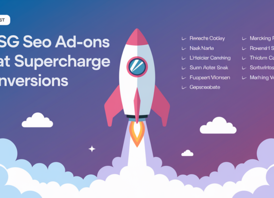 Blog banner with '10 SG SEO Add-Ons That Supercharge Conversions' title