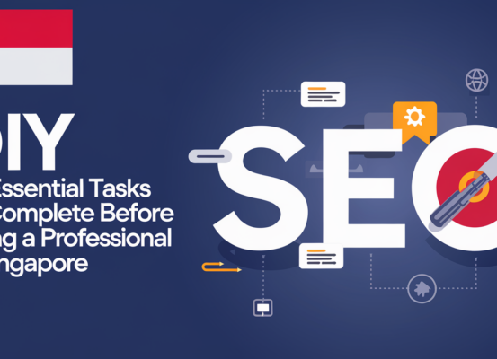 Blog banner with 'DIY SEO: 10 Essential Tasks' title, set against a Singapore skyline.