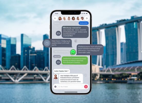 Blog banner with text 'WhatsApp Secrets: How Singapore SEO Pros Manage Client Communications' on a tech-themed background.