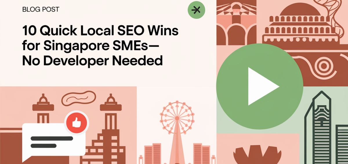 Blog banner with title '10 Quick Local SEO Wins for Singapore SMEs—No Developer Needed' on a cityscape background