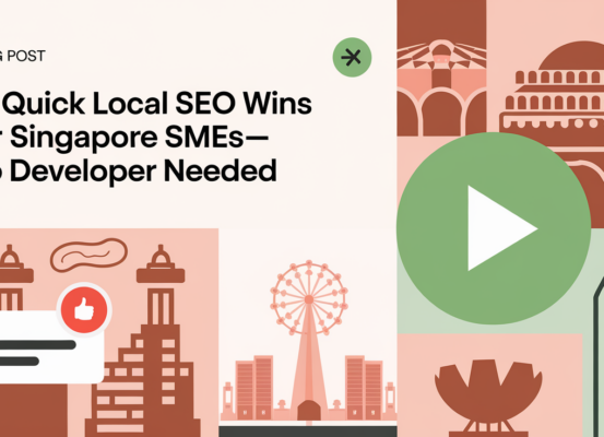 Blog banner with title '10 Quick Local SEO Wins for Singapore SMEs—No Developer Needed' on a cityscape background