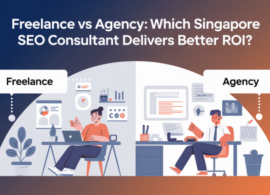 Blog banner with title 'Freelance vs Agency: Which Singapore SEO Consultant Delivers Better ROI?'