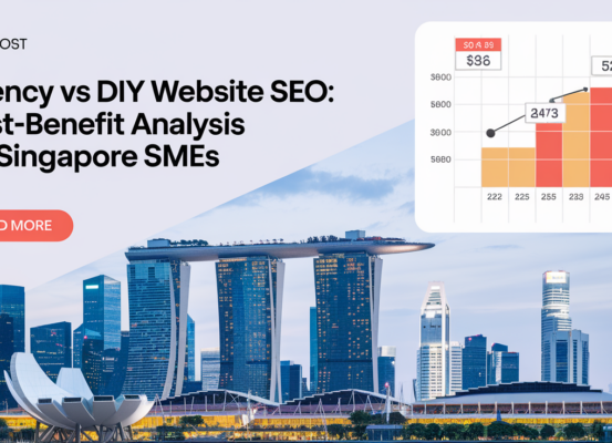 Banner with 'Agency vs DIY Website SEO: Cost-Benefit Analysis for Singapore SMEs' title against a modern digital-themed background.