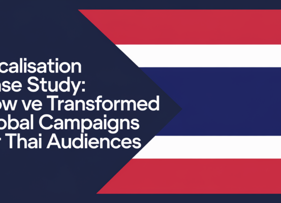 Banner with title 'Localisation Case Study: Transforming Global Campaigns for Thai Audiences' over a world map background.