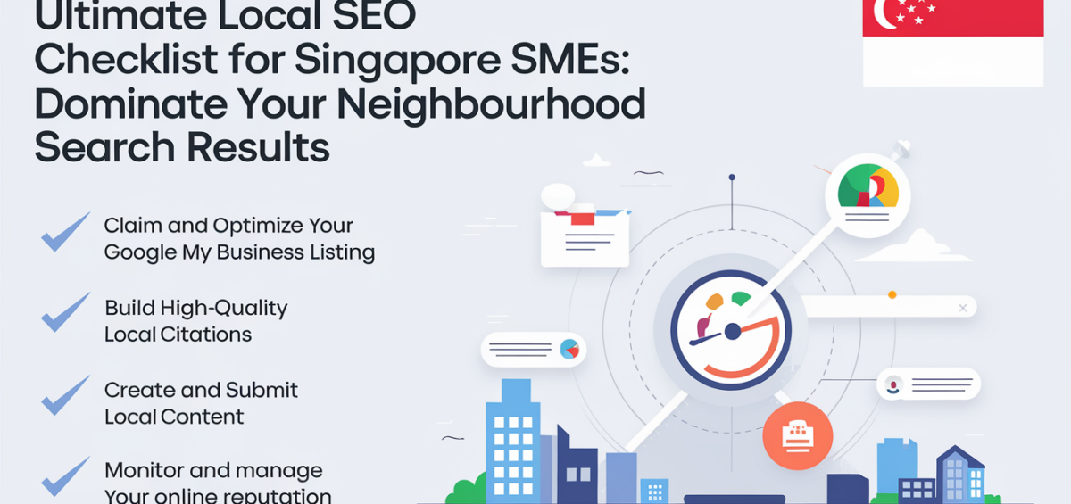 Banner with title 'Ultimate Local SEO Checklist for Singapore SMEs' on a vibrant cityscape background.