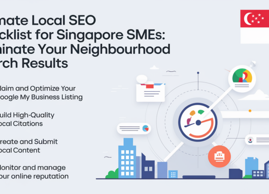 Banner with title 'Ultimate Local SEO Checklist for Singapore SMEs' on a vibrant cityscape background.