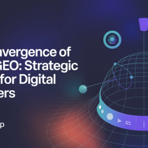 Banner with bold title 'The Convergence of AEO & GEO' on a digital marketing theme background.